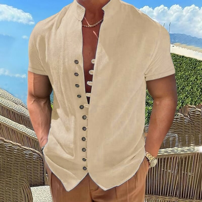 Lato 100% bawełniana lniana nowa męska krótka koszule z rękawami jednolity kolor kołnierz w stylu Casual Plus Size