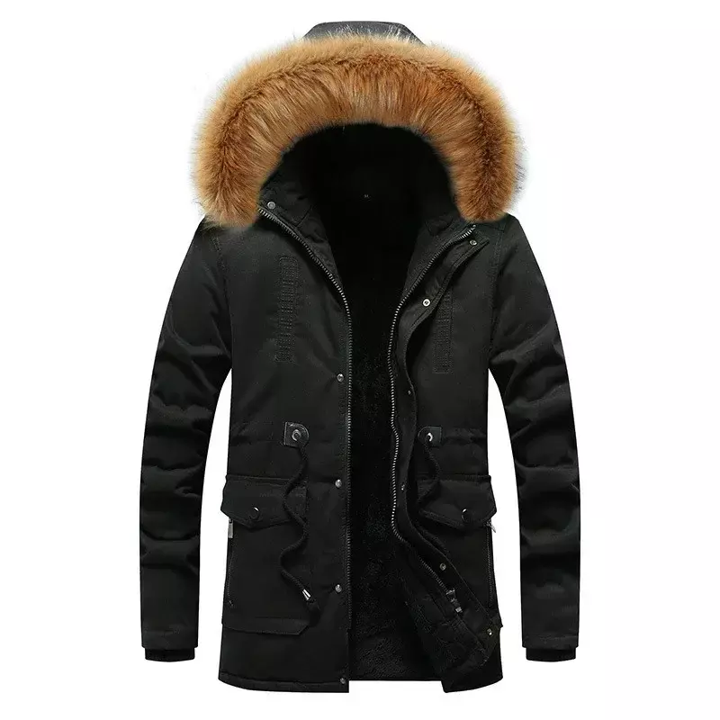 Мужское пальто, зимнее теплое пушистое пальто, длинная хлопковая черная куртка с капюшоном, парка на шнуровке для мальчиков, Мужская ветровка, куртка оверсайз