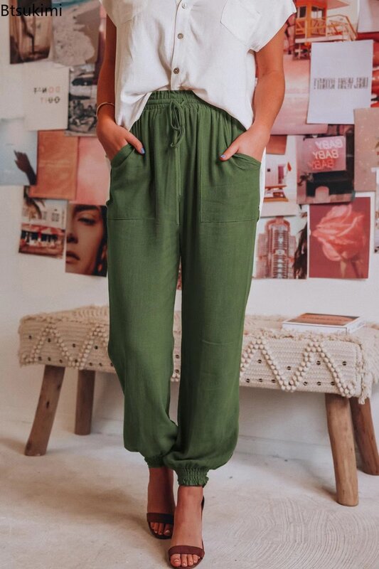 New 2024 Women's Drawstring Elastic Waist Pants Spring Summer Fashion Solid Casual Cotton Linen Comfortable Loose Pants Female
