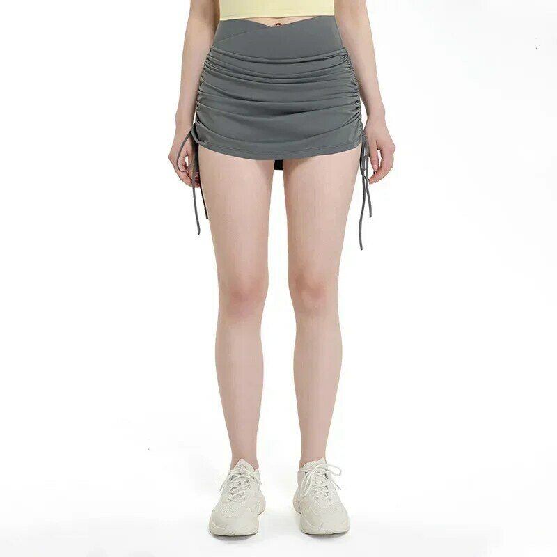 Falda corta deportiva de cintura alta para mujer, pantalones cortos de Yoga antiexposición para correr, falda de tenis de Fitness, dibujo de cuerda