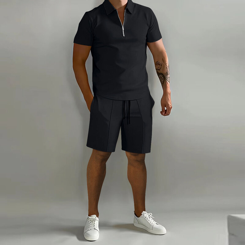 Camisa polo fina de manga curta masculina e calções desportivos, fato de treino casual para jogging sportswear, conjunto de fato sólido, verão, novo, 2 peças