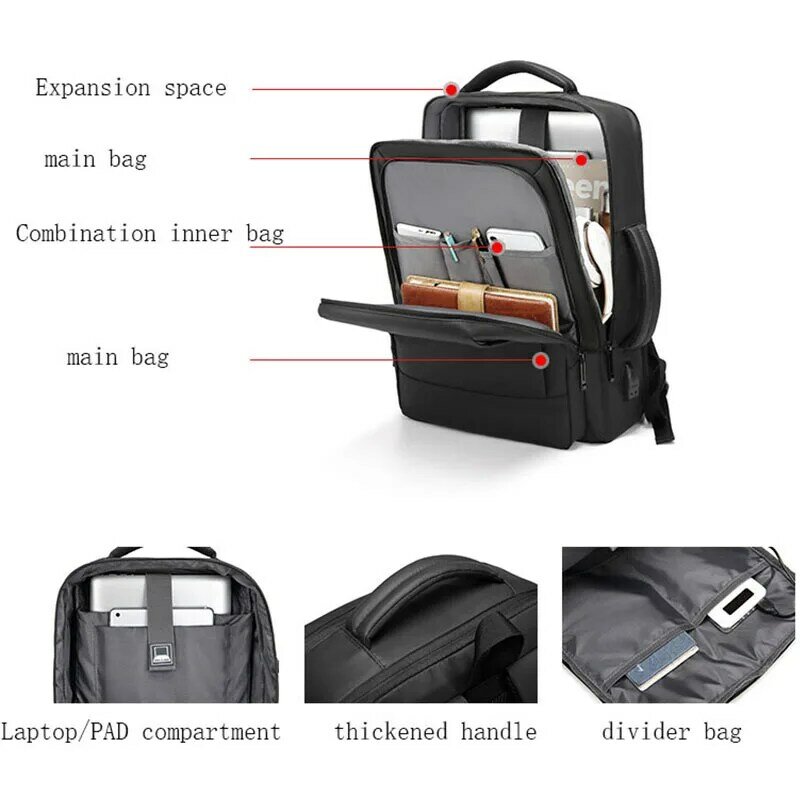 Mochila impermeable expandible para hombre, bolsa para ordenador portátil de 15,6 pulgadas, USB, escolar, de viaje, deportiva