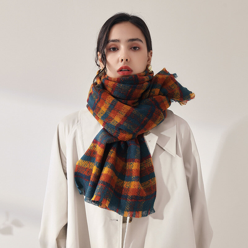 Women's Luxury Designer Cashmere Scarf Korean Fashion Autumn Winter Plaid Splicing Hijab Headscarf Warm Thickened Long Shawls