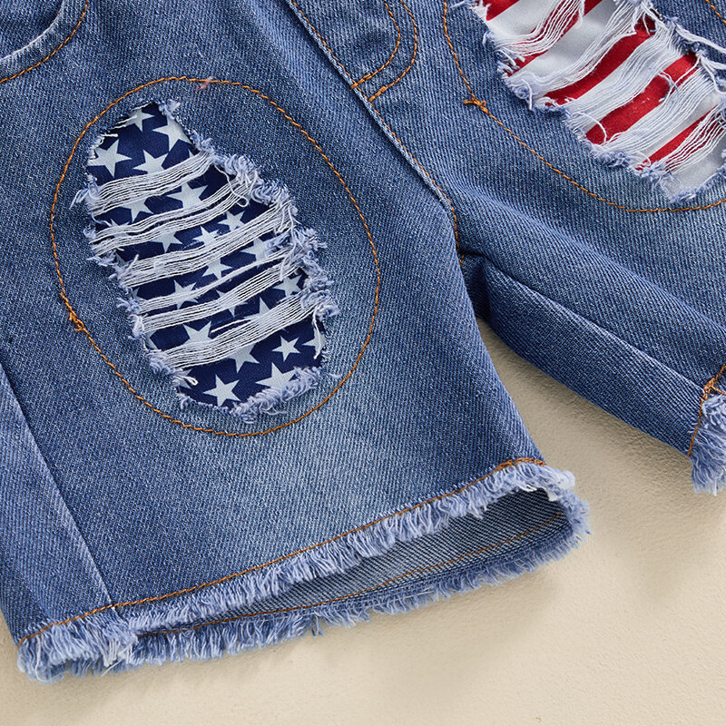 Suefunskry Kids Boys 4th of July Outfits Letter Print Short Sleeves T-Shirt and Elastic Waist Ripped Denim Shorts 2Pcs Set