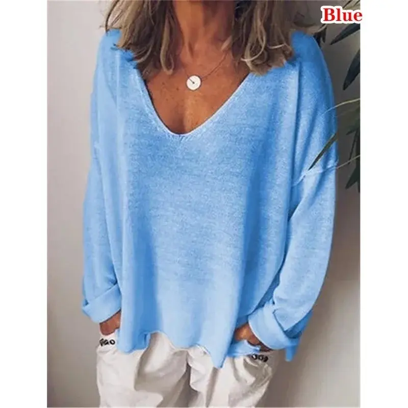 New  Summer  Womens Clothing Solid Color T Shirts Casual Loose Tops Femme V-Neck Blouses Long Sleeve Thin Clothes Fashion Daily