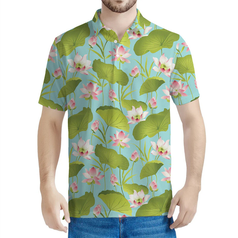 Рубашка-поло мужская с цветочным принтом, Повседневная Уличная футболка на пуговицах, с лацканами и короткими рукавами, с 3D-принтом листьев лотоса, на лето