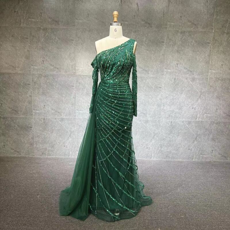 Abito da sera a sirena monospalla verde smeraldo con soprabito maniche lunghe lusso 2024 abiti da festa di nozze Dubai