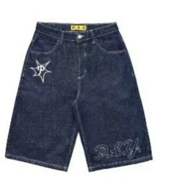 Celana pendek denim motif Y2k, celana pendek lurus longgar kasual, celana denim motif Y2k mode hip-hop musim panas untuk pria