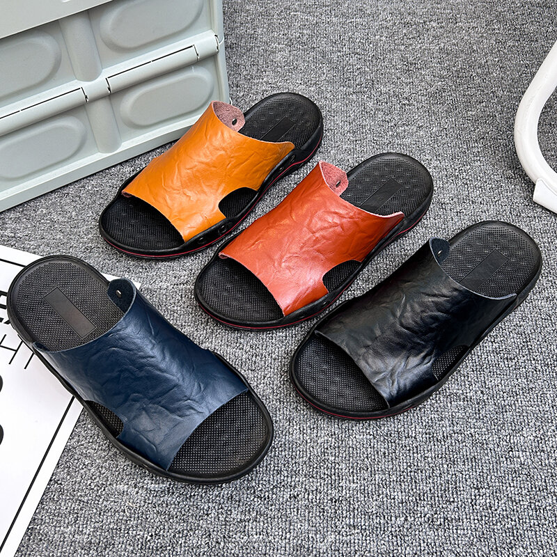 Sandálias naturais de couro genuíno para homens, chinelos leves, Flip Flop ao ar livre, sapatos de praia macios, verão