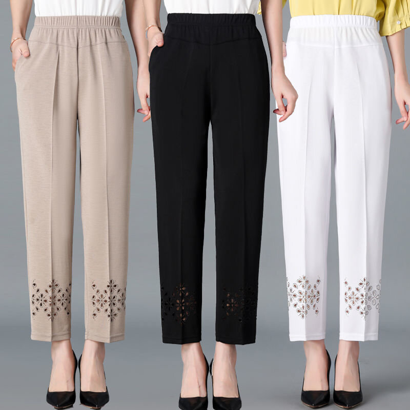 2024 Spring Summer Cropped Pants For Women Hollow Out Pantalon Femme Casual Solid Color High Waist Straight Trousers