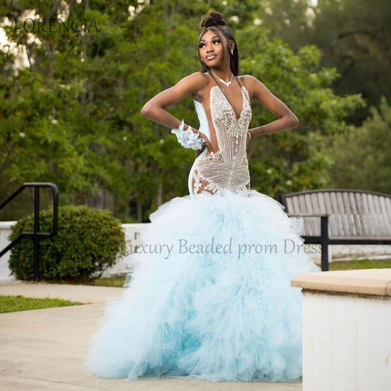 Exquisite Mermaid Prom Dresses Diamond Luxury Layered Tulle Beaded Appliques Evening Party Gowns Sleeveless vestidos de gala