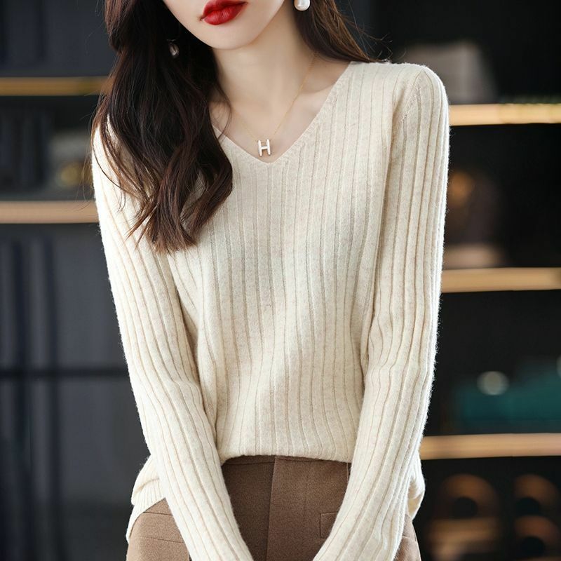 여성용 긴팔 니트 풀오버 V넥 스웨터, 기본 여성 의류, 단색 OL 스웨터, 겨울 2022 패션