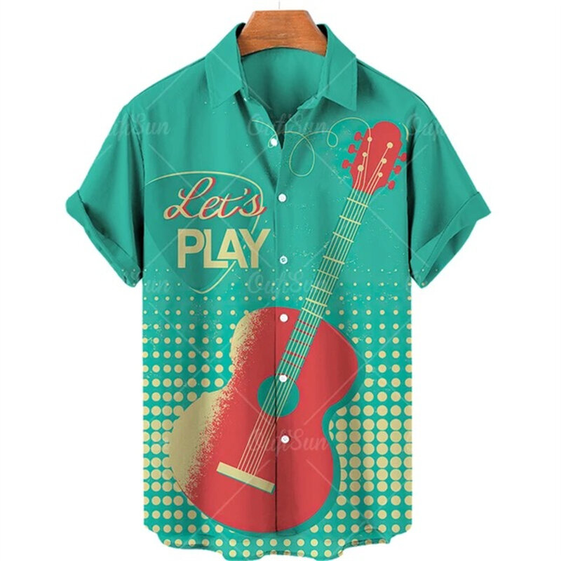 Camisa masculina padrão de guitarra HD, confortável e elegante, macio respirável, design de botão, venda quente