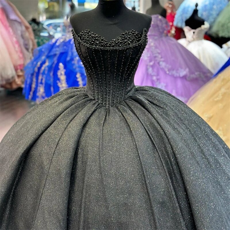 Black Princess Quinceanera Dresses Ball Gown Sweetheart Sequins Sparkle Pearls Sweet 16 Dresses 15 Años Mexican
