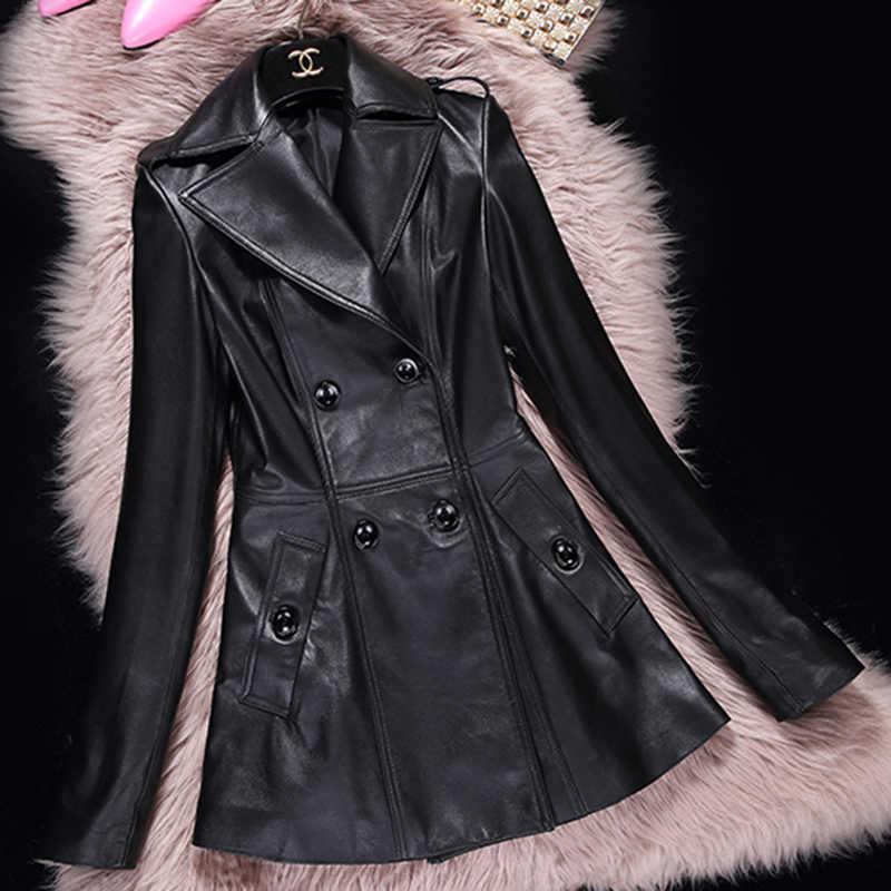 Blazer largo de piel de cordero para mujer, chaqueta negra de cuero genuino