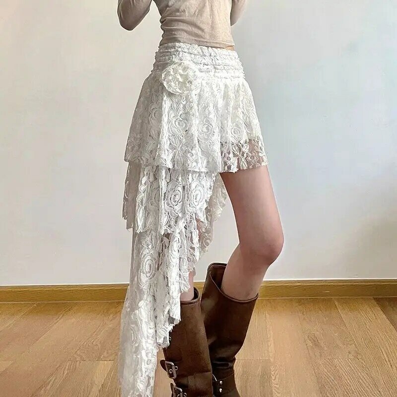 Винтажная кружевная юбка в стиле бохо Deeptown, женские белые ассиметричные юбки, элегантная сказочная корейская мода, Нестандартная короткая юбка средней длины