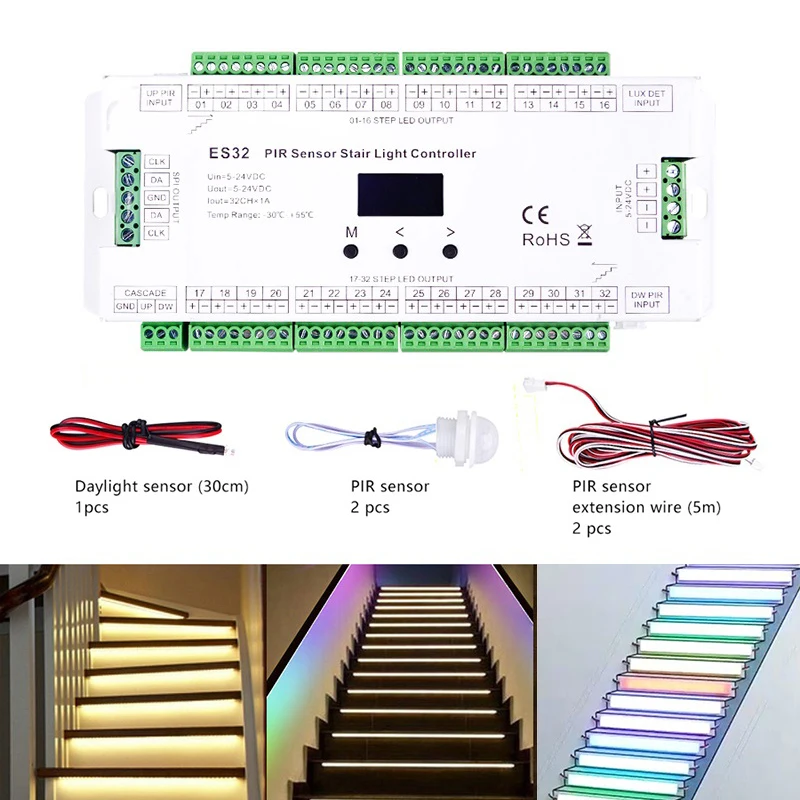 Controlador de escalera ES32, Sensor PIR, 32CH, Color único, 2CH, RGB, Pixel SPI, regulador de tira LED, controlador de luz de escalera interior, 5V-24V