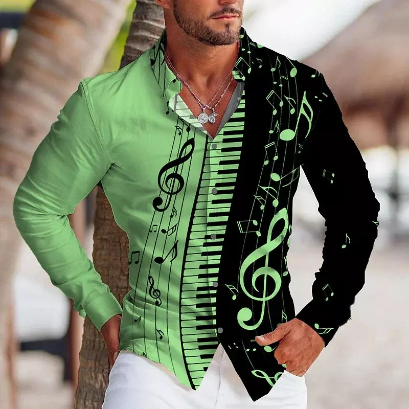 2023 Shirt Note Musical Instrument Men's Suit Lapel Long Sleeve Top Party Casual Outdoor Street Soft Comfort Plus Size