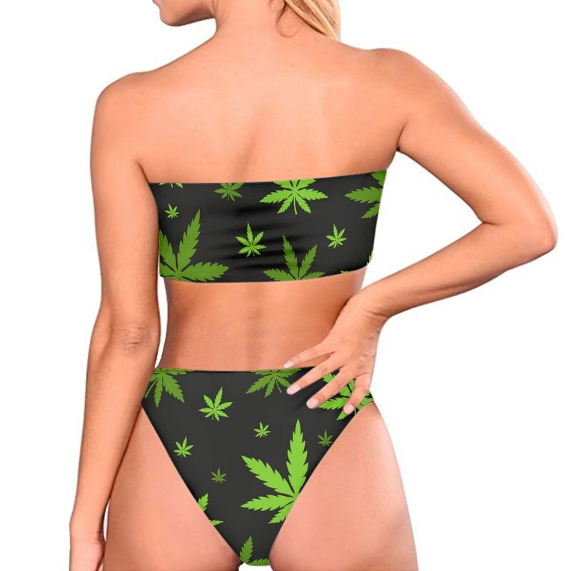 Doginthehole 2021 moda feminina bandeau conjunto de biquíni colorido erva daninha impresso verão sexy 2 peças banho sem alças