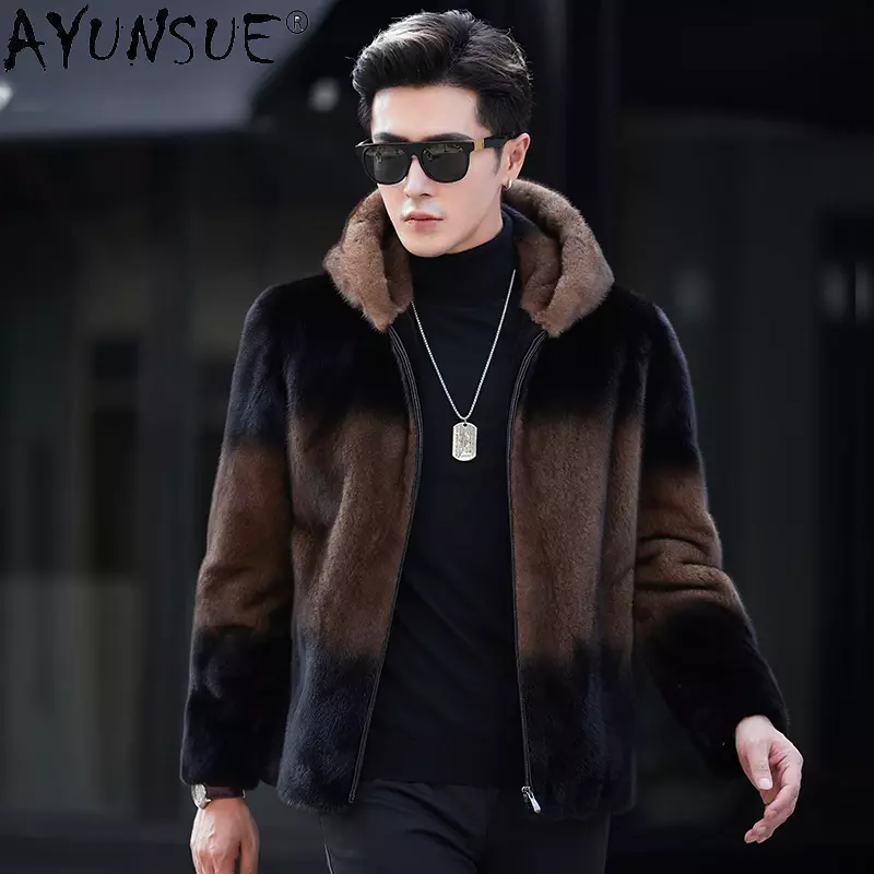 AYUNSUE-Manteau en fourrure de vison véritable pour homme, veste à capuche, fourrure de vison de luxe, CombMan Casual Business, hiver 2023