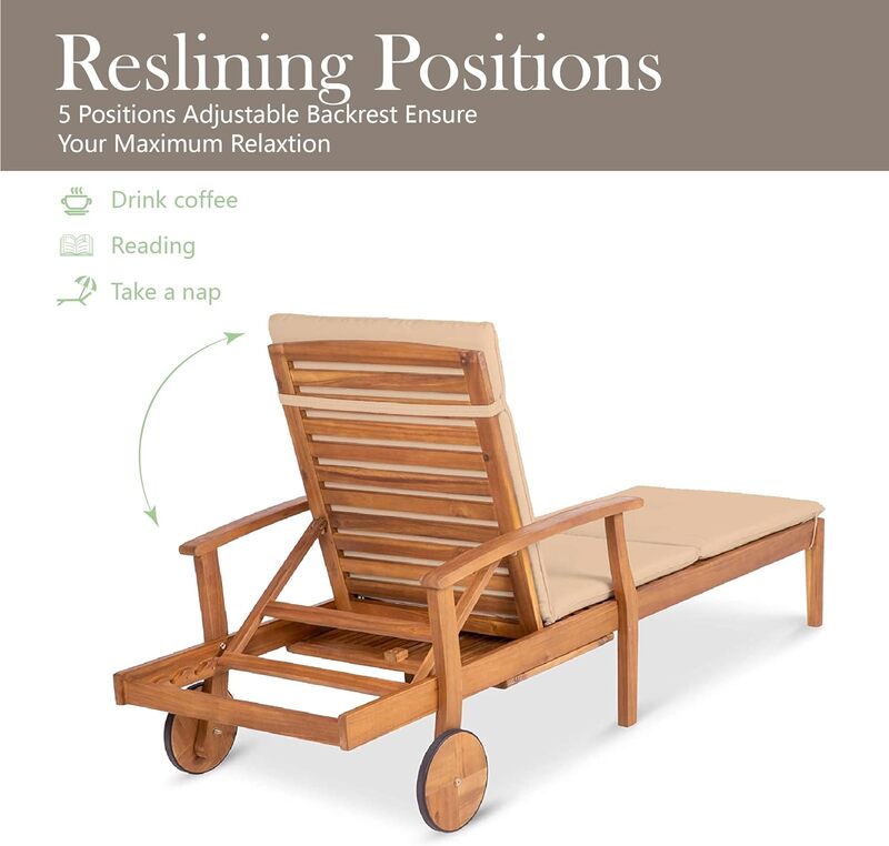 Foldable Acacia Wood Outdoor Chaise Lounge, Pátio reclinável com rodas, Encosto ajustável