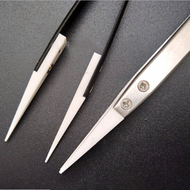 Pinzas de cerámica de orientación recta para soldadura electrónica con mango de acero inoxidable, pinzas negras, herramienta de mano, pinzas de precisión