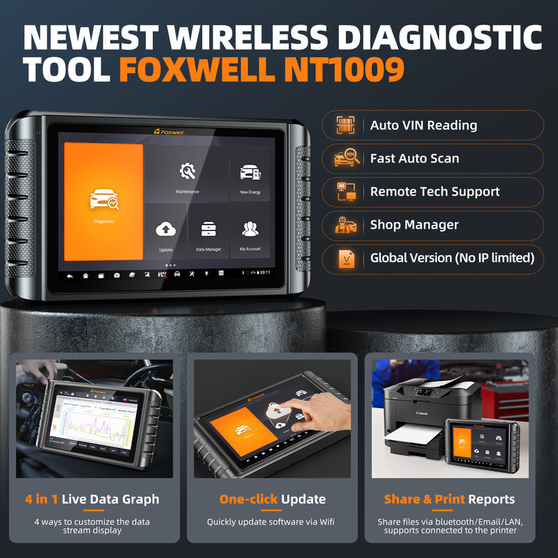 FOXWELL NT1009 Bluetooth OBD2 Car Diagnostic Tools All System 35+ Reset Bi-directional ECU Coding OBDII Automotive Scanner