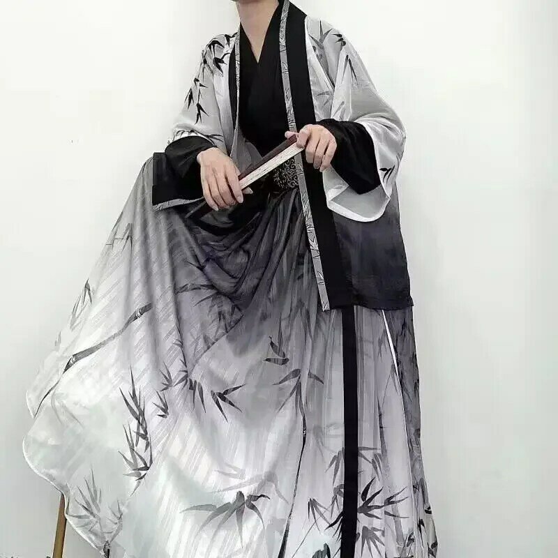 Plus Size 3xl Hanfu Mannen Halloween Cosplsy Kostuum Chinese Traditionele Oude Hanfu Print Bamboe Grijs & Zwart 4 Stuks Sets Plus Size