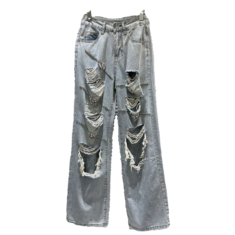 Pantalones rectos desgastados con cuentas de diamantes de imitación para mujer, Jeans de cintura alta, primavera y verano, 2024