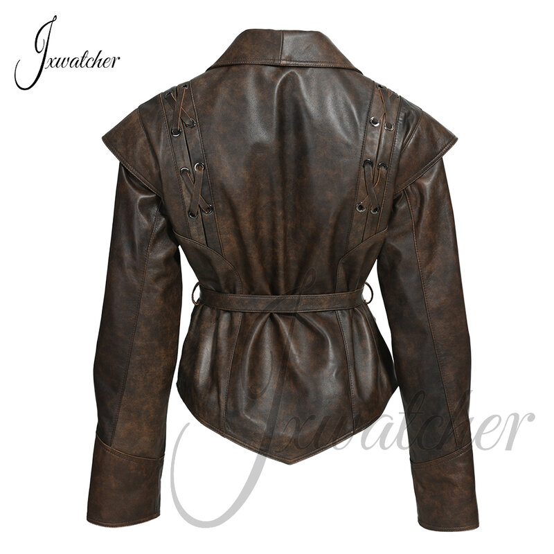 Jxwatcher-Chaqueta de cuero auténtico para mujer, abrigo ajustado de piel de oveja con cinturón, elegante, para primavera y otoño, novedad