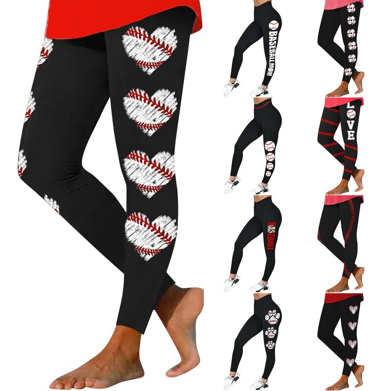 Celana Yoga pinggang tinggi wanita, celana kebugaran Gym motif bisbol, celana rumah katun dengan saku