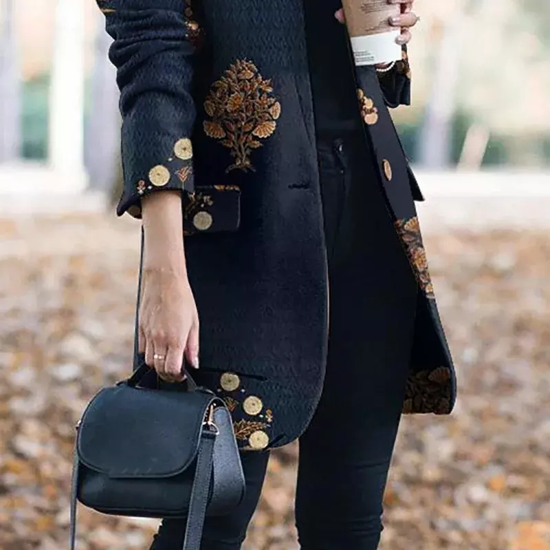 Blazer oversize con stampa floreale Vintage giacca a maniche lunghe con risvolto da donna moda primavera autunno Office Lady Suit Coat Indie Jacket