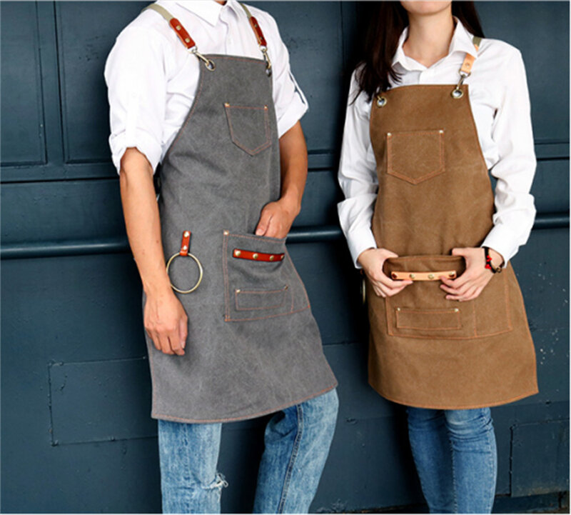 Canvas Bib Leather Chef Kitchen Apron Women Men Barista Bartender Pockets Home Barber Coffee Restaurant  Potective pinafore