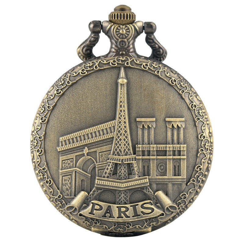 Vintage Torre Eiffel París Francia edificio estatua números arábigos reloj de bolsillo de cuarzo COLLAR COLGANTE cadena reloj recuerdo