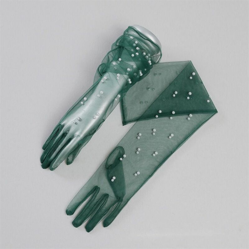 Elastic Thin Autumn Dress Accessories Party Dinner Dress Wedding Bridal Mesh Gloves Lace Long Gloves Pearl Mittens
