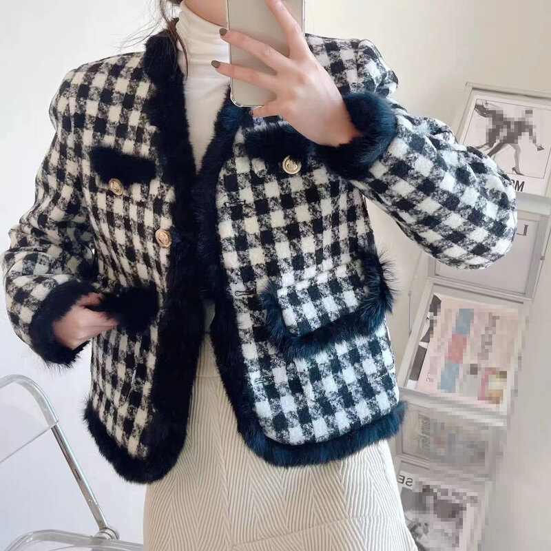 Jaqueta curta xadrez Vintage feminina, casaco cortado em retalho, elegante casaco grosso quente, inverno, coreano