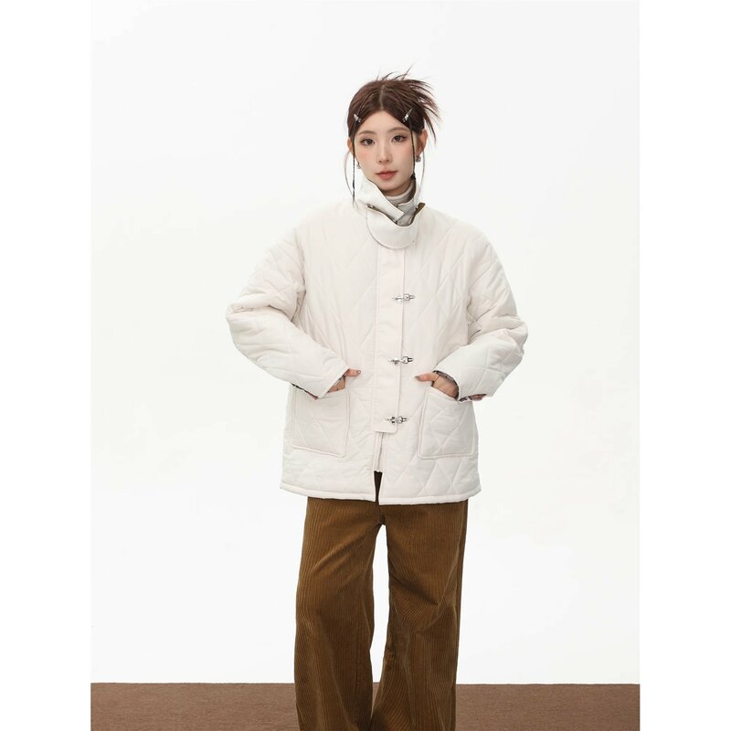 Mantel katun empuk wanita, jaket Korea longgar tebal tahan angin hangat berkerah berdiri desain Chic musim dingin