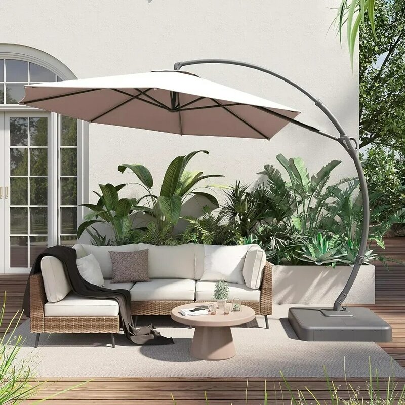 Outdoor Patio Parasol Including Base, Upgraded Curved Aluminum Offset Jib Umbrella with 360° Swivel Design, Patio Umbrellas