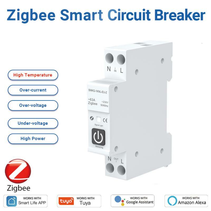 Tuya ZigBee disjuntor inteligente com medição, interruptor de controle remoto sem fio, Smart Life App, 1P, 1-63A DIN Rail