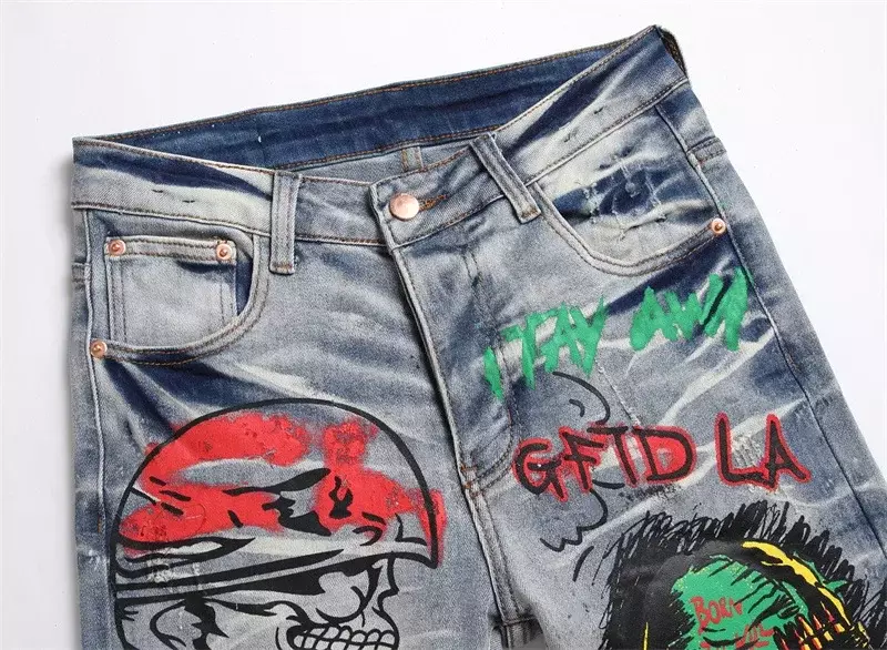 Hoge Kwaliteit Heren Jeans Punk Trend Retro Blauw Gescheurd Slanke Stretch Print Kleine Voeten