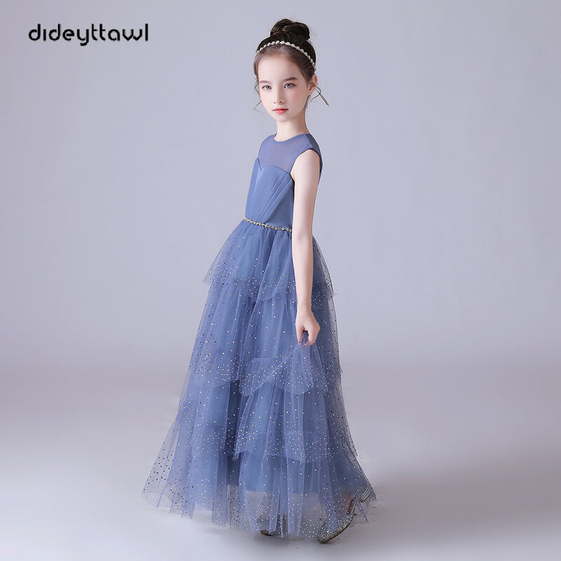 Dideyttawl Dusty Blue Beaded mangas plissadas Tulle Flower Girl Dress A Linha Pavimento Comprimento Júnior dama Vestido Princesa