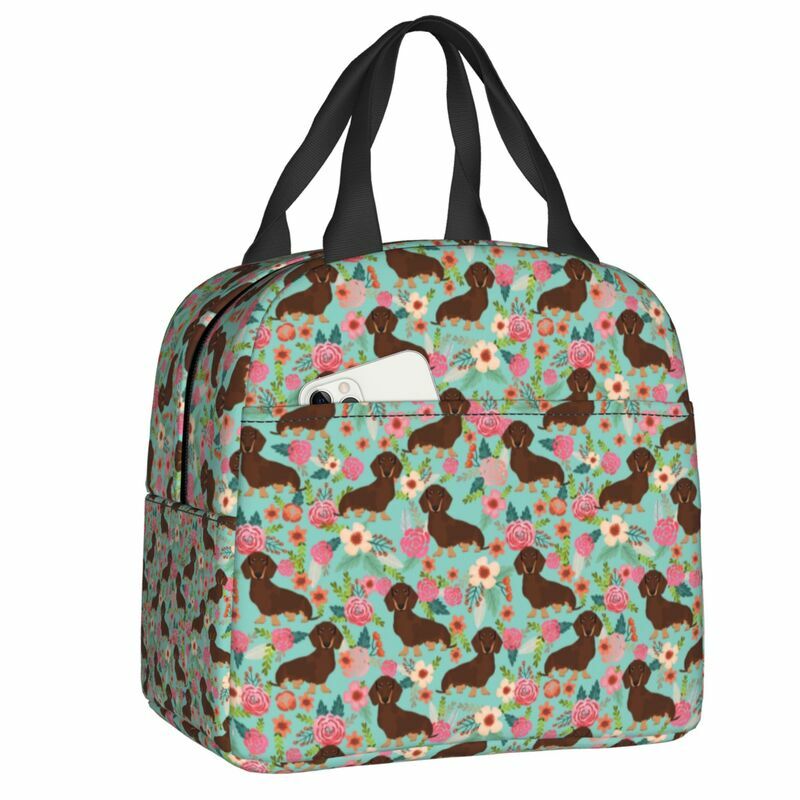Doxie Florals Dachshund Insulated Lunch Tote Bag Badger Sausage Dog Resuable Cooler Thermal Food Lunch Box Kids School Children