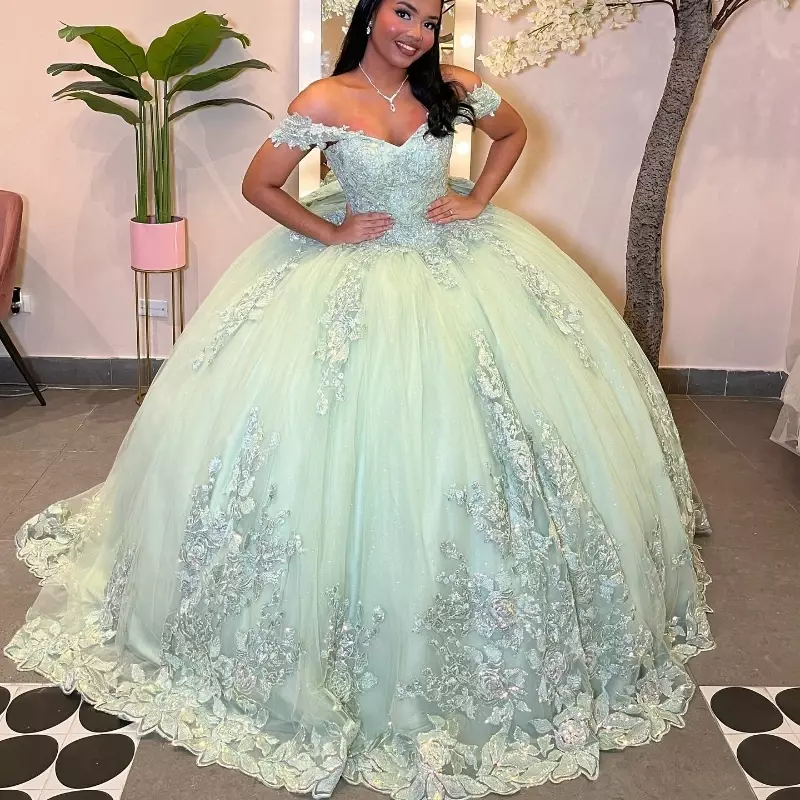 Ball Gowns Sage Green Quinceanera Dresses Big Bow Formal Luxury Party Beading Lace Appliques Sweet 15 Dress Graduation Prom Gala