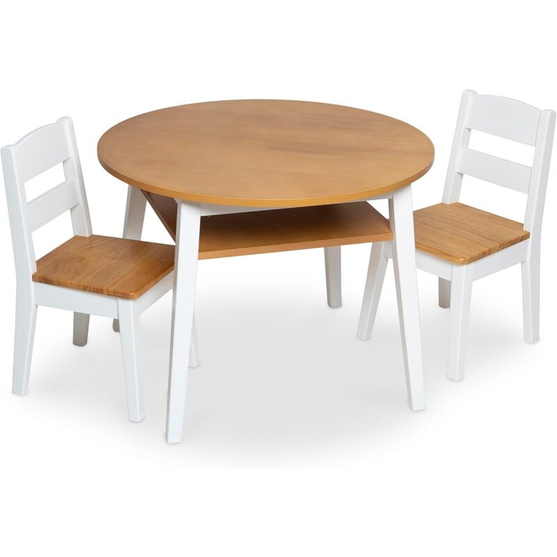 Round Table & 2 Chairs – Kids Furniture for Playroom, Light Woodgrain & White 2-Tone Finish - Two-Tone - Toddler & Kids