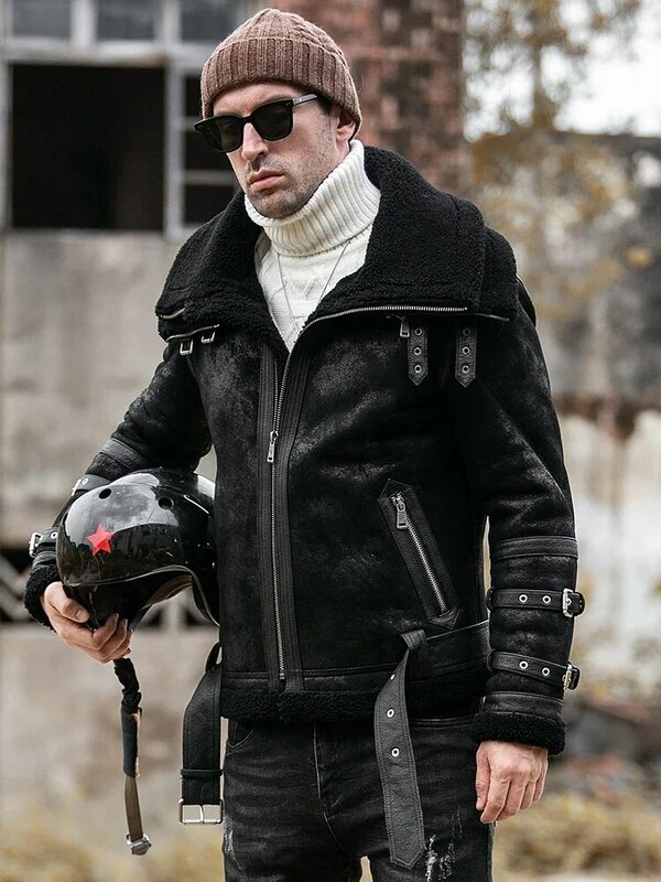 Мужская зимняя мотоциклетная куртка из натуральной кожи, с двойным воротником
