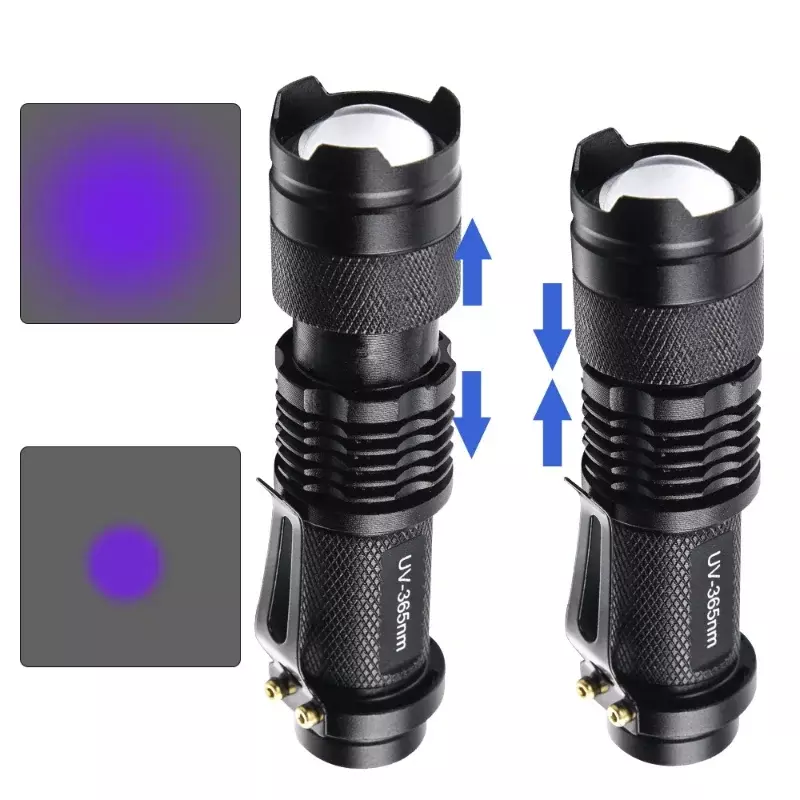 Lanterna UV Zoomable, Tocha Ultravioleta LED, Mini Luzes Ultra Violetas, Lâmpada de Inspeção, Pet Ferramentas Detector de Mancha de Urina, 395 nm, 365nm