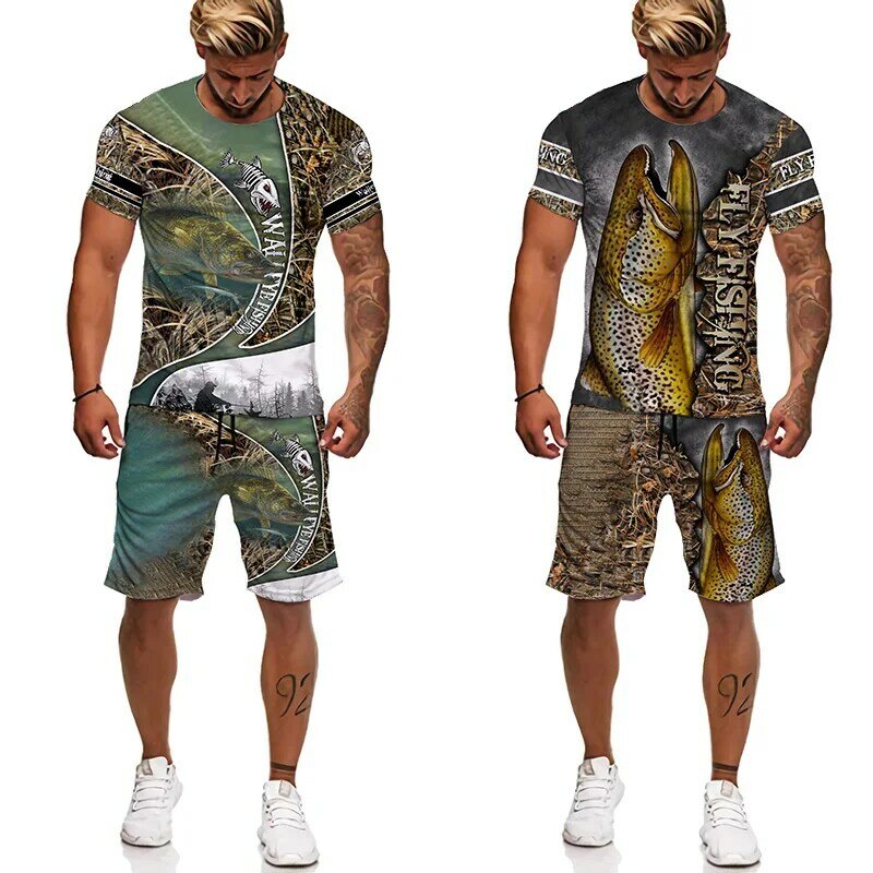 YUHA 3D 프린트 잉어 낚시 티셔츠 반바지 세트 남성용, 재미있는 운동복, O 넥 반팔, 멋진 남성 의류, 여름