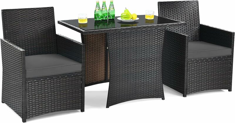 Outdoor Rattan Bistro Set with Cushions, Tempered Glass Tabletop, Wicker Conversation Set for Garden Backyard Poolside Porch,