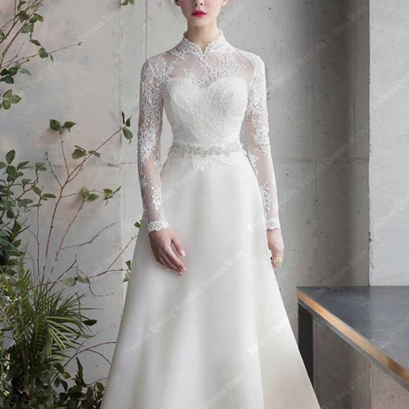 Элегантное Белое благородное свадебное платье, кружевное платье-трапеция с длинными рукавами и аппликацией, свадебные платья на заказ, классическое платье на пуговицах