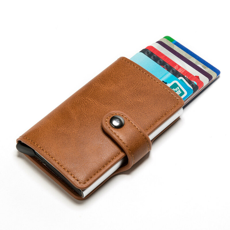 RFID Blocking Vintage etui do kart kredytowych dla mężczyzn etui na dowód ze stopu aluminium automatyczny portfel męski ze skóry metalowej